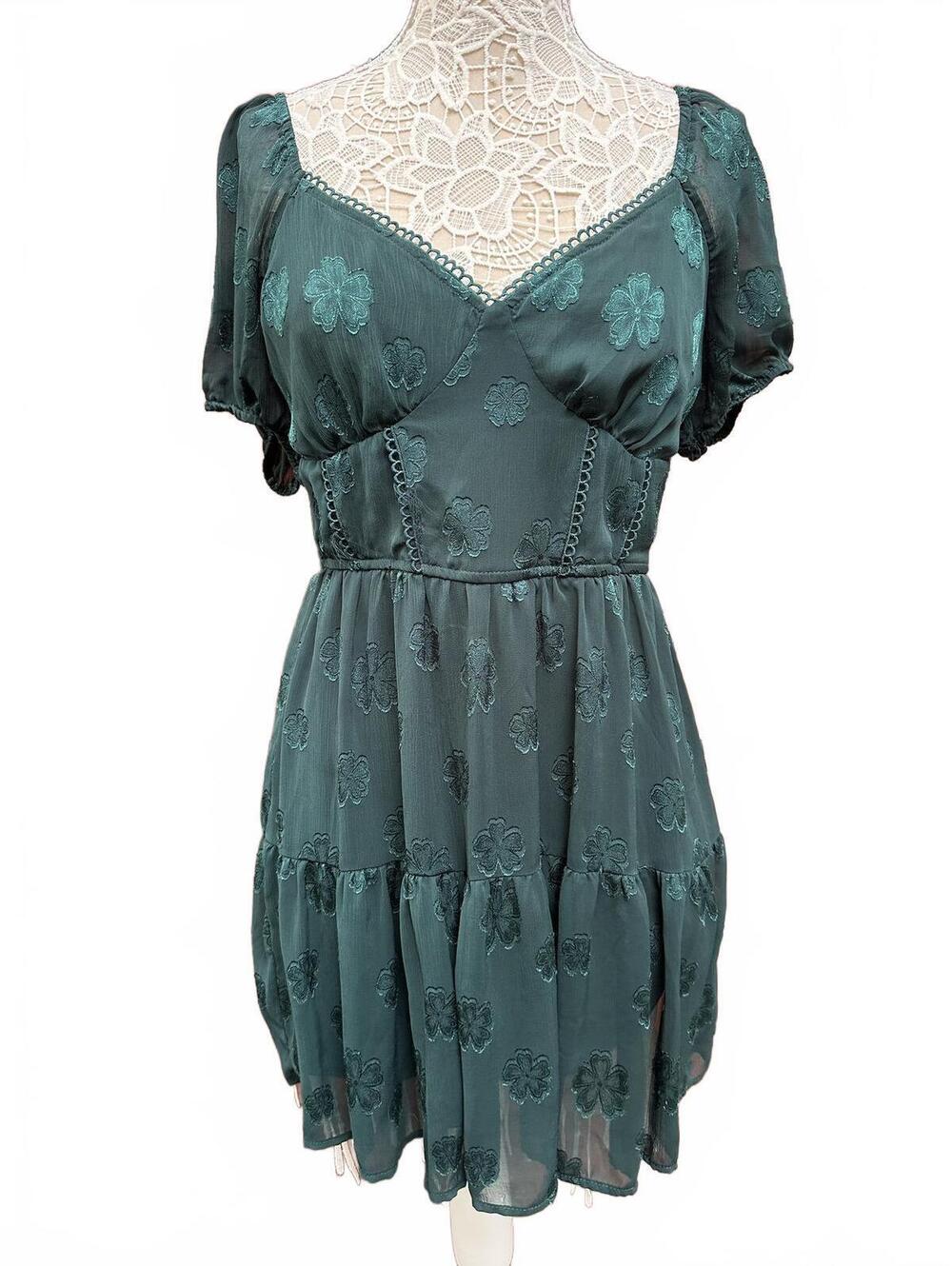 Trixxi Dark Green Puff Sleeve Floral Dress